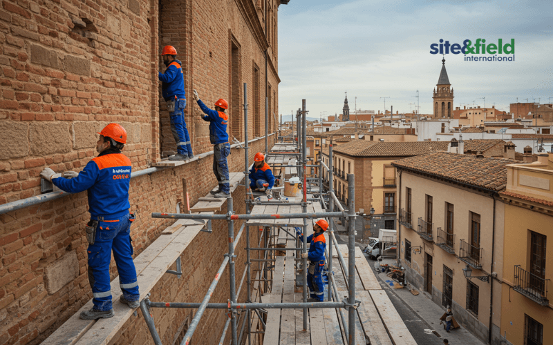 Equipo de profesionales especializados en rehabilitacion de edificios trabajando en proyecto de modernizacion