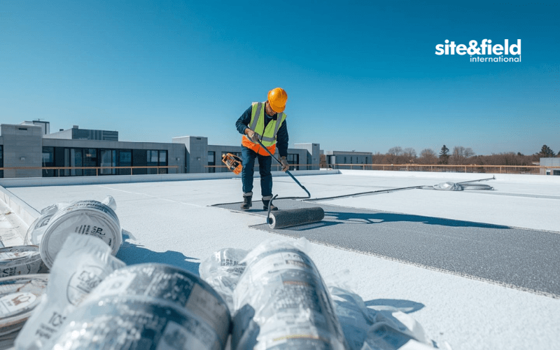 profesional aplicando impermeabilizacion en cubierta edificio con rodillo materiales construccion