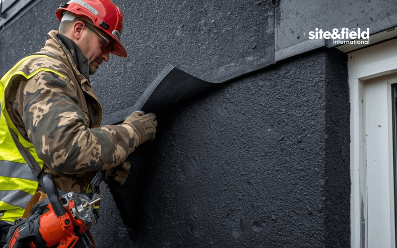 tecnico instalando lamina asfaltica impermeabilizante fachada edificio obra civil