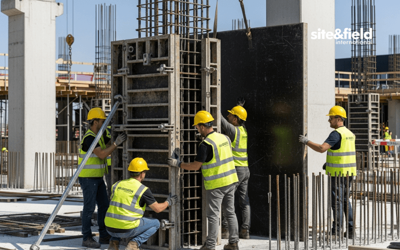 workers installing metal formwork column concrete construction site professional