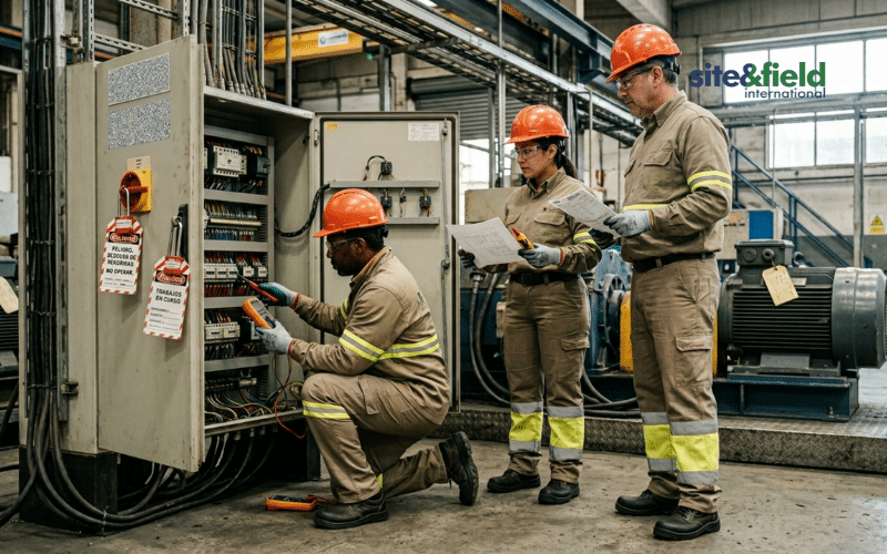 contratista de mantenimiento industrial realizando trabajo correctivo en cuadro electrico