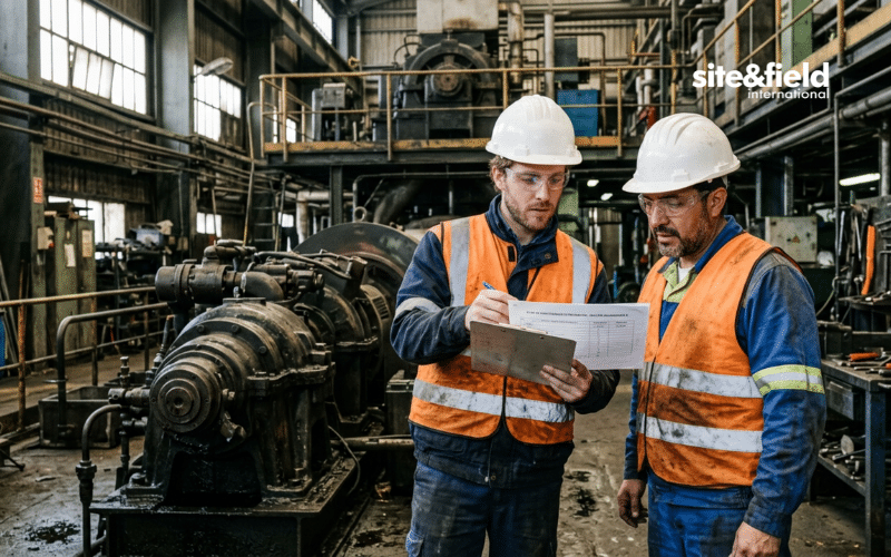 engineers reviewing preventive maintenance plan in industrial plant