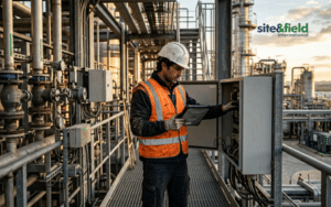 industrial maintenance technician inspecting complex facility with tablet