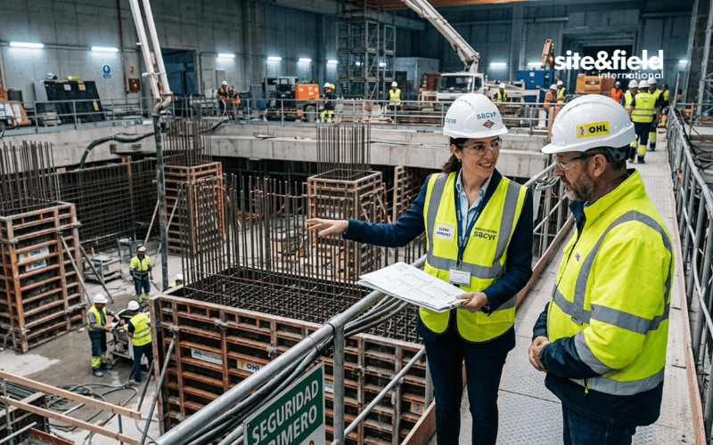 international construction project with concrete structure and site manager