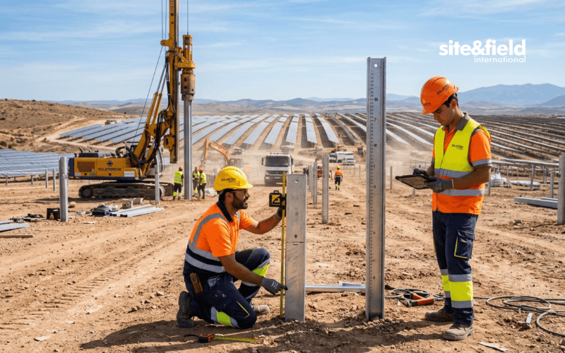 photovoltaic plant construction in spain with pile driving and technicians