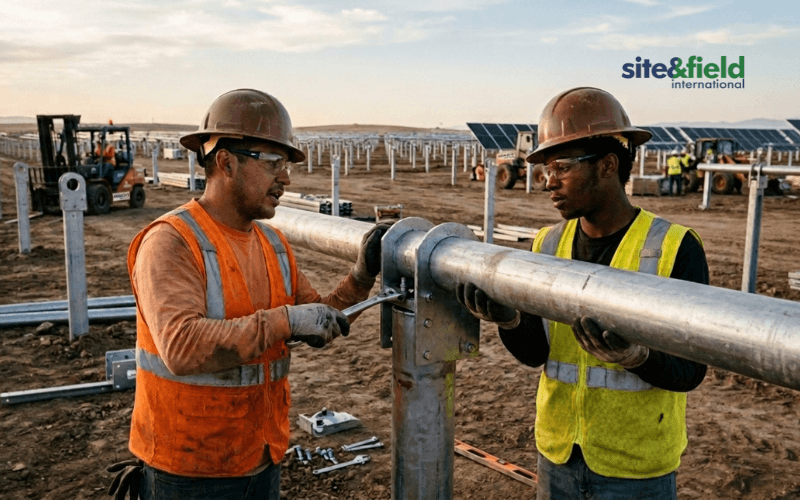 equipo instalando seguidor solar en obra civil