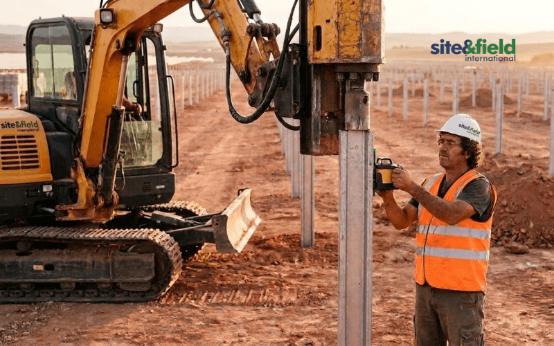 hincadora de postes ejecutando cimentacion hincada en planta solar fotovoltaica