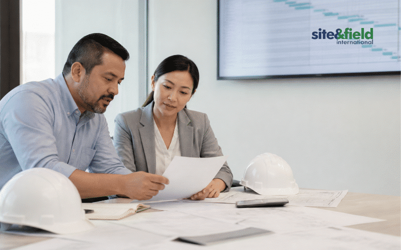 technical team reviewing a civil works subcontract and bonds with blueprints